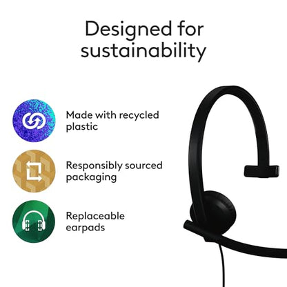 Logitech H570e USB Headset with Microphone for PC and Mac, USB-A Wired Headset with Mono Sound, Noise-Canceling Mics and Inline Controls, Certified for Microsoft Teams, Black - size: Teams, style: Mono