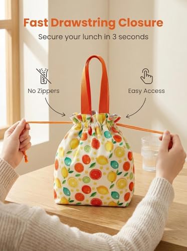 Solid Color & Fruit Print Lunch Bag, Insulated Leakproof Drawstring Pouch with 5mm Anti-Sag Base for Adult Work Commute Picnic (Lemon Fruit Print) - color: Lemon Fruit Print