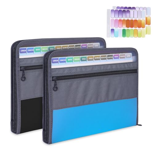 MEGREZ Expanding File Folder with 13 Pockets, 2 Pack A4 Paper File Folder with Zipper Color Labels, Waterproof Accordion File Folders Organizer for Home Office, Blue & Black - color: Blue & Black