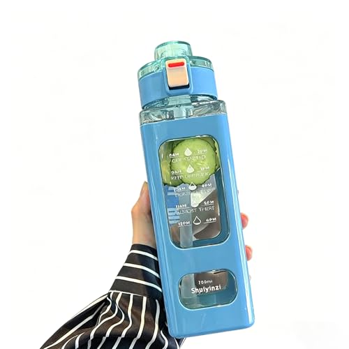 700ML Sports Water Bottle with Straw, Leakproof Bounce Cap Water Bottle with Time Marker, BPA Free Portable Square Water Bottle for Gym, School, Outdoor Activities (Blue) - color: Blue