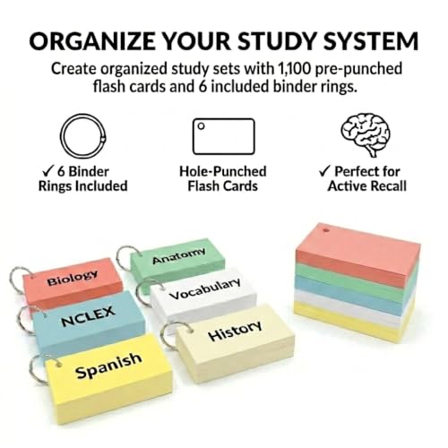 Blank Flash Cards with Rings & Box 1100 White + Pastel 2x3.5 USA Made | For active recall, vocabulary, homeschooling, language learning, exam prep, and spaced repetition. - style: Multi-Color Punched