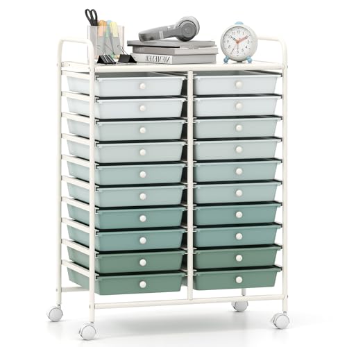 Giantex 20 Drawers Rolling Cart, Mobile Storage Drawer Cart, Classroom Organizer Cart for Office School Supplies Tools Scrapbook Paper Craft Small Printer, Utility Cart on Wheels, Green Gradient - color: Green Gradient, size: 25” x 15” x 35”(20 Drawers)