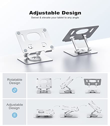 Adjustable Tablet Stand with 360° Swivel Base, Aluminum Holder for 5.8–12.9" Tablets & Switch, Silver