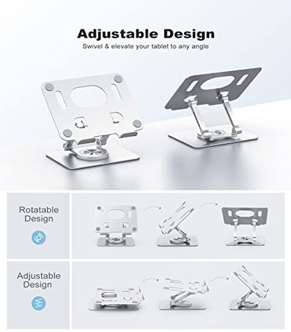 Adjustable Tablet Stand with 360° Swivel Base, Aluminum Holder for 5.8–12.9" Tablets & Switch, Silver