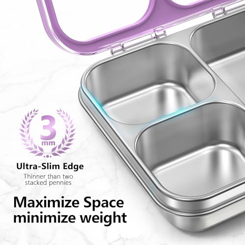 HOMEKOL Stainless Steel Bento Lunch Box 3-Compartment, 4.2Cups, Purple | Leak-Proof Metal Lunch Container for Kids & Adults, BPA-Free, Dishwasher Safe, Clear Tritan Lid, 1000ml (Not Insulated) - color: Purple, size: 34oz (1000ml)