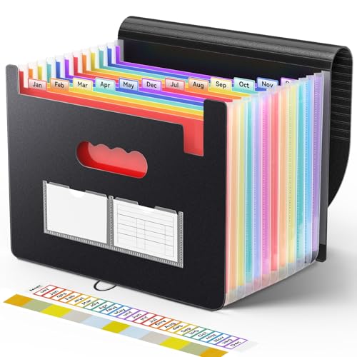 Sooez Accordion File Organizer, 13 Pockets Expanding File Folder, Portable Monthly Paper Bill Tax Receipt Organizer, Letter A4 Size Document Holder with Blank Labels, Black - color: Black, size: 1 Pack