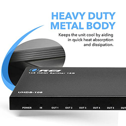 OREI 4K 1 in 8 Out HDMI Splitter 4:4:4 8-bit - HDMI 2.0, HDCP 2.2, 18 Gbps, 4K @ 60Hz HDMI Duplicator/Distributor UltaHD High Resolution (UHDS-108) (1x8) | OREI 1x8 2.0 HDMI Splitter 1 in 8 Out Ports With Full UltraHD 4K@60Hz, HDCP 2.2, 3D Support, EDID C