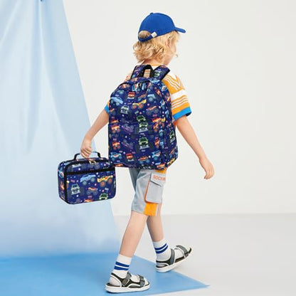 CAMTOP Backpack for Kids, Boys Girls Preschool Backpacks with Lunch Box Toddler Kindergarten School Bookbag Set - color: Monster Truck-navy