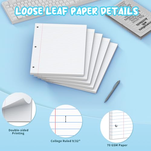White Loose Leaf Paper 8 x 10.5, 130 Sheets Lined Paper College Ruled Paper, 3 Hole Punched Notebook Paper College Ruled, 3 Ring Binder Paper 8 x 10.5, Filler Paper College Ruled for Office, School - color: White-130 Pcs