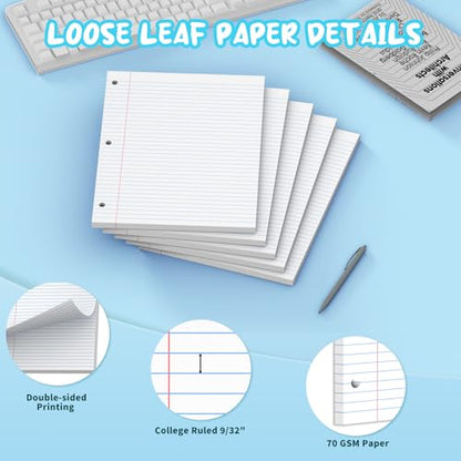 White Loose Leaf Paper 8 x 10.5, 130 Sheets Lined Paper College Ruled Paper, 3 Hole Punched Notebook Paper College Ruled, 3 Ring Binder Paper 8 x 10.5, Filler Paper College Ruled for Office, School - color: White-130 Pcs