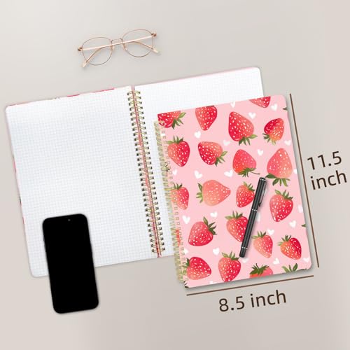 Cute Spiral Notebook journal A4 Aesthetic Pretty Design for Women Girls Kawaii with Pocket, 8.5 x 11 inch, Graph, Strawberry - color: Strawberry, style: Graph