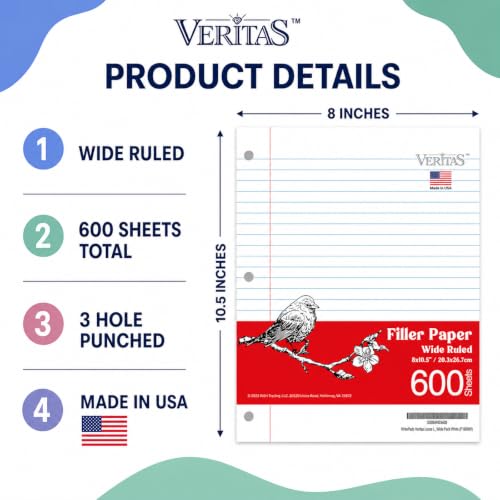 WritePads Wide Ruled Loose Leaf Paper 600 Sheets, 4 Pack Bulk Notebook Paper, 8"x10.5" 3 Hole Punched Binder Fitter Paper, Fits Standard 3-Ring Binders, Ink Bleed Resistant, Made in USA - color: Wide Ruled Filler Paper, size: 4 Pack (600 Sheets)