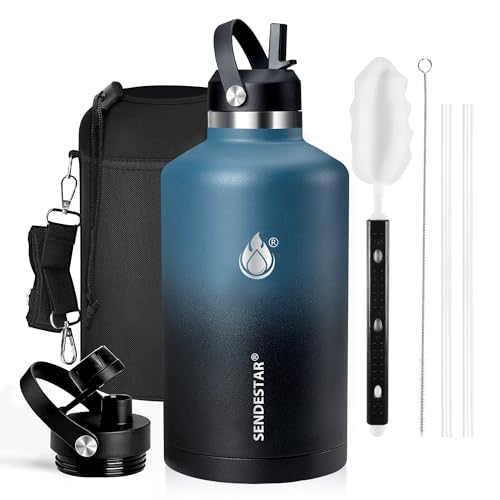 Insulated Water Bottle 64 oz, Triple Wall Vacuum Stainless Steel Water Bottles(Cold for 48 Hrs), Leak Proof & Non-BPA, Half Gallon Water Flask Jug with Straw Spout Lids for Gym, Sports, Camping - color: Deep Blue& Black-Y, size: 64 Ounces