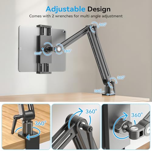 Jakeko Adjustable Tablet Mount for Desk - 360 Degree Rotating Base Tall Arm Holder Stand Swivel Flexible Clamp Soporte para Tablet/Portable Monitor/Ebook - size: up to 15.6"
