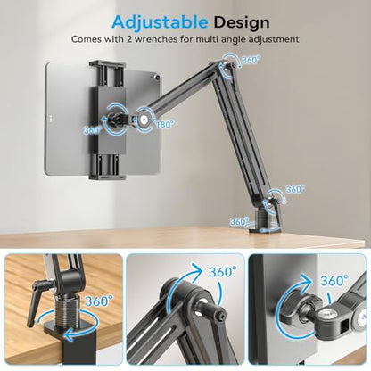 Jakeko Adjustable Tablet Mount for Desk - 360 Degree Rotating Base Tall Arm Holder Stand Swivel Flexible Clamp Soporte para Tablet/Portable Monitor/Ebook - size: up to 15.6"