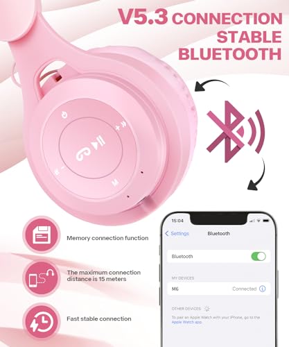 Kids Bluetooth Headphones, Over Ear Children's Wireless Bluetooth 5.3 Headsets, Built-in Mic, Comfortable Wear & HD Sound, Kids Headphones for Boys Girls School Travel iPad Tablet (Pink) - color: Pink