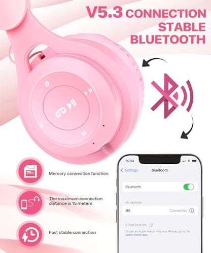 Kids Bluetooth Headphones, Over Ear Children's Wireless Bluetooth 5.3 Headsets, Built-in Mic, Comfortable Wear & HD Sound, Kids Headphones for Boys Girls School Travel iPad Tablet (Pink) - color: Pink