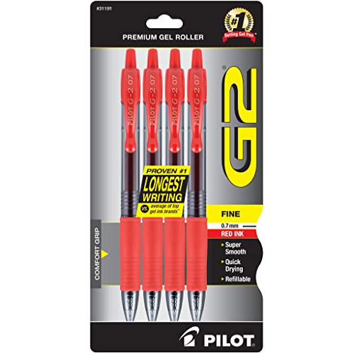 Pilot G2 Premium Gel Roller Pens, Fine Point 0.7 mm, Red Pens, Pack of 4 - Ideal for School, Journaling & Office Writing - color: Red