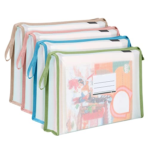 4 Pack A4 Plastic File Folder Poly Envelopes Expanding Wallet Document with Zipper and Label Pocket, Files Pouch Folders for Home, Office, School (4 Colors) - color: Multicolored