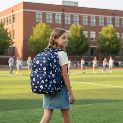 Glodwheat Daisy Printed Backpack For Girls- 3Pc Set With Lunch Box & Pencil Case, Lightweight Water-Resistant Bookbag For Elementary School - color: Navy