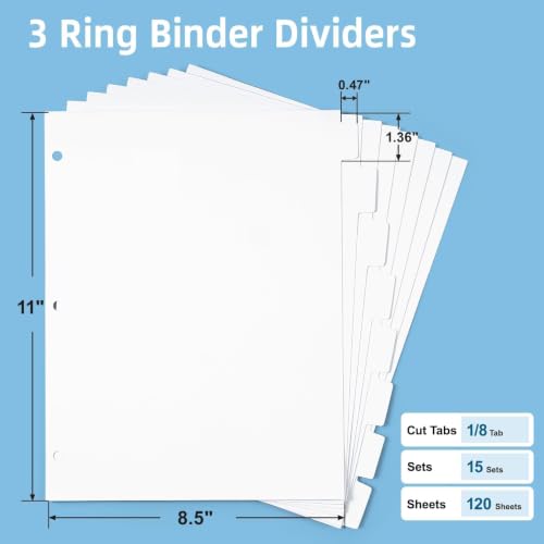 Dynta 15 Sets Binder Dividers with Tabs 120 Dividers, 1/8 Cut Tabs, Letter Size, Blank Write On Page Dividers for School, Office and Home, White - color: White