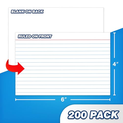 Chell White Color Ruled Index Cards 4x6 Heavyweight, 200 Count | 65 lb. Cover Weight, Ruled Front and Blank Back, Easy Writing, Not Easy to Penetrate Ink - color: White, size: 4"x6"
