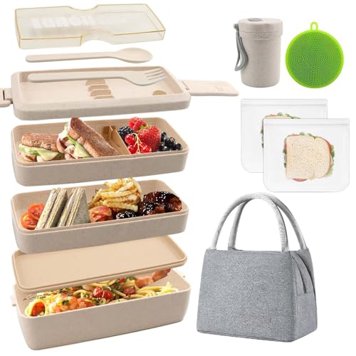 Bento Box Japanese Lunch Box Kit Leakproof Bento Lunch Box for Kids Adults Wheat Straw 3 Layer Stackable Lunch Containers with Compartment Eco-Friendly Meal Prep Containers (Beige) - color: Beige, size: 5Pcs