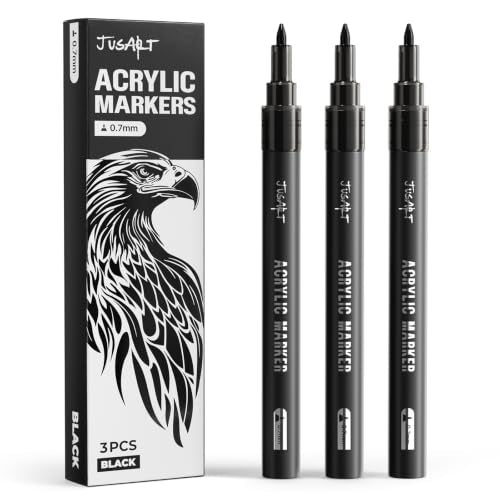 JusArt 0.7mm Fine Point Black Acrylic Paint Marker, 3 Pack | Black Paint Marker for Rock Painting, Art Projects, Ceramic, Glass, Wood, Metal, Fabric, DIY, Ideal for Art Supplies - color: Black, size: 3 PCS