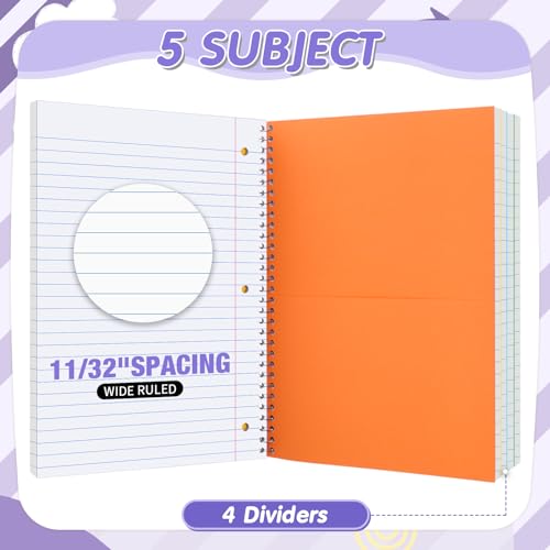 Fulmoon 10 Pcs 5 Subject Notebook Spiral Notebooks for School Office Hardcover Spiral Lined Notebook for Work, 240 Pages/ 120 Sheets, 8 x 10-1/2", 3 Hole Punched, 4 Removable Dividers(11/32 inch) - size: 11/ 32 inch