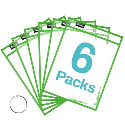 SUNEE 6 Packs Oversized Reusable Dry Erase Pocket Sleeves with Ring, Green 10x14 Ticket Holders, Clear Plastic Sheet Protectors, Teacher School Classroom Supplies - color: Green, style: 6 Pack
