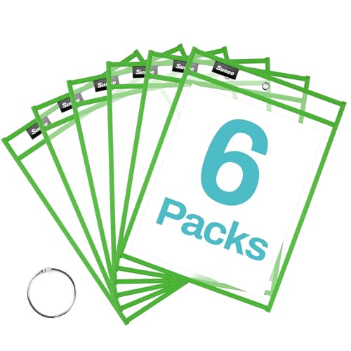 SUNEE 6 Packs Oversized Reusable Dry Erase Pocket Sleeves with Ring, Green 10x14 Ticket Holders, Clear Plastic Sheet Protectors, Teacher School Classroom Supplies - color: Green, style: 6 Pack