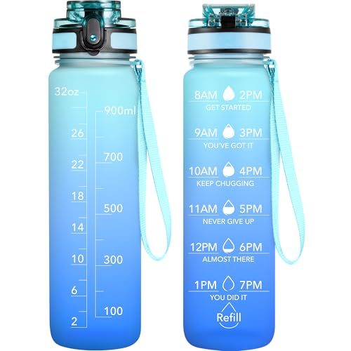 OLDLEY Water Bottle, 32oz Motivational Sports Water Bottle with Time Marker - Times to Drink - Tritan, BPA Free, Wide Mouth Leakproof,Sky - color: Sky