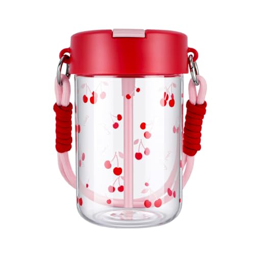 TOPBADE Kids Water Bottle for School or Travel, 16oz Durable Tritan Plastic Water Bottle With Straw, Small Water Bottles with Paracord Handle Leak-Proof, BPA-Free for Boys and Girls - color: Cherry