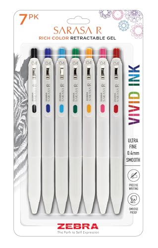 Zebra Pen, SARASA R Gel Pens, Assorted Ink Colors, 0.4mm Fine Point, Vivid Ink to Create Deep, Saturated Color and Smooth Gel Lines, Quick-Drying for Smear-Free Writing, Made in Japan, 7-Pack (47807) - color: Assorted A