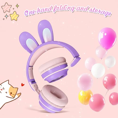 Rabbit Purple Cat Headphones Bluetooth, Noise Cancelling, LED, Mic | Delight your child with these stylish LED cat ear headphones premium noise cancellation, built-in mic, and wireless ease. - color: Rabbit Purple