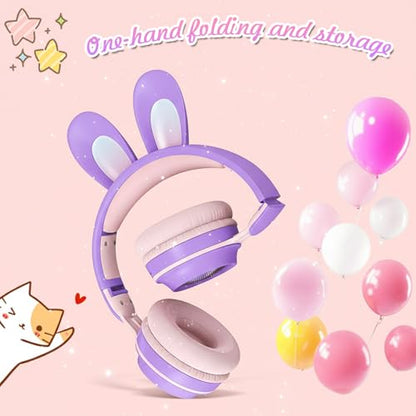 Rabbit Purple Cat Headphones Bluetooth, Noise Cancelling, LED, Mic | Delight your child with these stylish LED cat ear headphones premium noise cancellation, built-in mic, and wireless ease. - color: Rabbit Purple