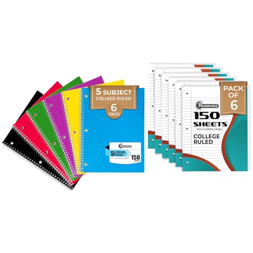 Rosmonde College Ruled Combo, Loose Leaf Paper, 450 Sheets, 6 Pack, 3 Hole Punched, Filler Paper & Spiral Notebook, 6 Pack, 5 Subject, 300 Pages(150 Sheets), 3 Hole Punched, School, College & Office