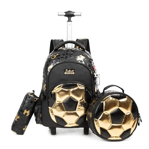 Kids Rolling Backpack Roller Backpack with Wheels Elementary Kindergarten School Students Football Trolley School Bag for School Boys - color: Football Black