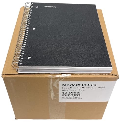 Mintra Office Durable Spiral Notebooks, 5 Subject (Black, Wide Ruled 12pk) - color: Black, size: Wide Ruled 12pk