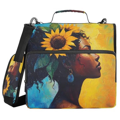 3 Ring Zipper Binder Sunflower Black Girl Binders Bag with Shoulder Strap 500 Sheets Paper Organizer Trapper Keeper Documents Storage File Folder for School Office - color: A1129