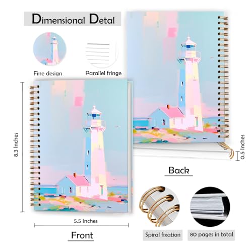 XUNLURY Pink Coastal Ocean Notebook, Pastel Lighthouse Seascape Journal, Summer Coastal Beach House Journal, Beach Lover Gifts Hardcover Spiral Notebooks, 5.5x8.3 Inch - color: Color_Dd