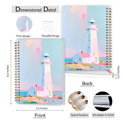XUNLURY Pink Coastal Ocean Notebook, Pastel Lighthouse Seascape Journal, Summer Coastal Beach House Journal, Beach Lover Gifts Hardcover Spiral Notebooks, 5.5x8.3 Inch - color: Color_Dd