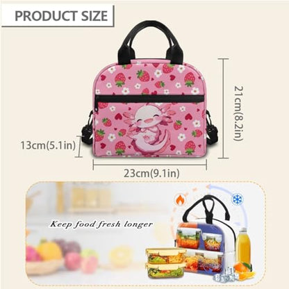 Horeset Axolotl Strawberry Backpack for School Girls Kids 3 Pack 17inch Schoolbag & Water Bottle Sling Bag & Picnic Lunch Bag Primary Elementary School Bookbag with Side Mesh Pocket - color: Axolotl Strawberry