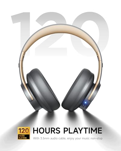 Picun B8 Bluetooth Headphones, 120H Playtime Headphones Wireless Bluetooth with 3 EQ Modes, Low Latency, Hands-Free Calls, Over Ear Headphones for Travel Home Office Cellphone PC (Ashen Golden) - color: Ashen Golden