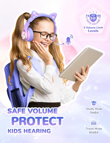 iClever BTH13 여아용 아동용 블루투스 헤드폰, LED 고양이 귀 여행 선물 | SafeSound Tech, 50시간 재생, USB C 충전, AUX 케이블, 스테레오 사운드, 태블릿 PC용 마이크가 있는 아동용 헤드폰 무선 - color: 핑크 그라데이션.