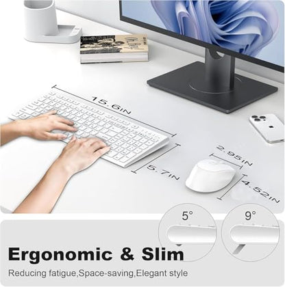 FENIFOX Wireless Keyboard and Mouse, Rechargeable USB C Combo Silent Quiet Compact Full Size Flat with Number Pad Soft Cover for Mac MacBook iMac Windows PC Laptop Computer Office - White - color: White