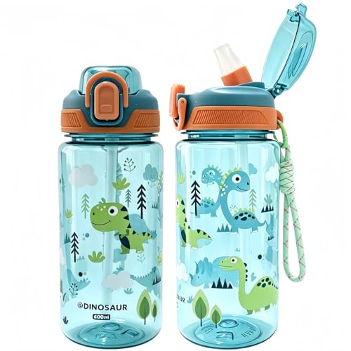 20oz Leak Proof Kids Water Bottle, Sturdy and drop-resistant, with Straw & Handle for School Travel, BPA Free, Dishwasher Safe (Dinosaur) - color: Dinosaur