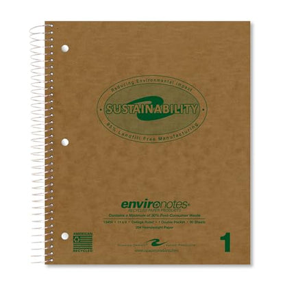 ROARING SPRING Environotes Recycled Spiral Notebook, College Ruled 1 Subject Notebook, 11" x 9", 80 Perforated Sheets, 20 lb Recycled Paper, Double Pocket, 3 Hole Punched, Made in USA - size: 1 Subject