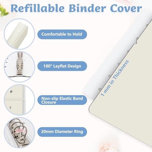 Refillable A5 Binder 6 Ring Cover for Planner Journal Budget Notebook Making with 300 PCS Binder Sheet Converter Sticker, Loose Leaf Cover with 20mm Inner Diameter Ring (Perforated-Beige)