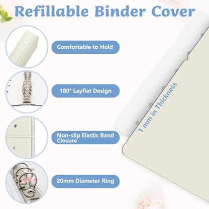Refillable A5 Binder 6 Ring Cover for Planner Journal Budget Notebook Making with 300 PCS Binder Sheet Converter Sticker, Loose Leaf Cover with 20mm Inner Diameter Ring (Perforated-Beige)